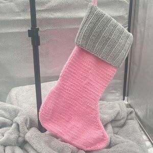 Pink and Gray Knit Christmas Stocking handmade